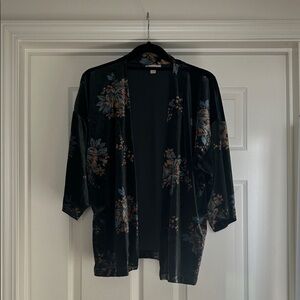 LOFT Black Kimono with Blue and Brown Floral Design Velvet